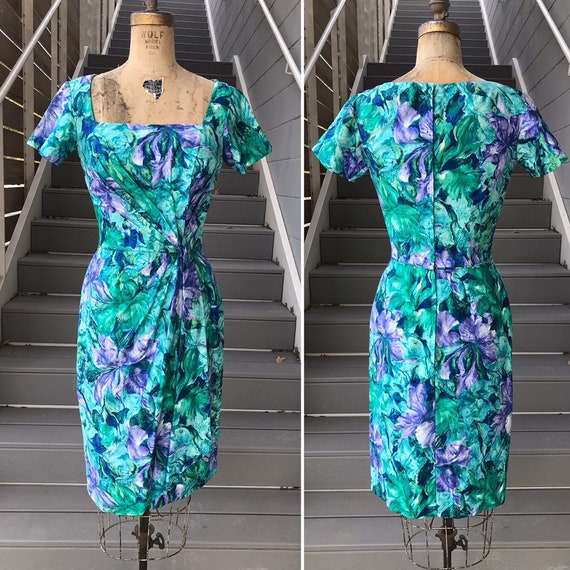 Designer 1950s Ceil Chapman Teal + Purple Dress.