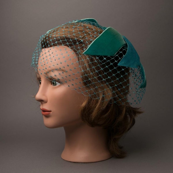 Teal Velvet Bow Veil/Hat