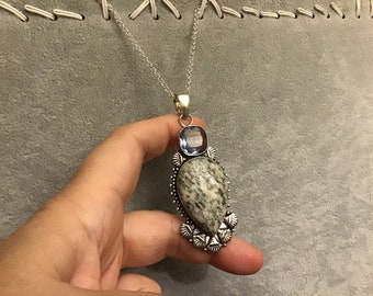 Azurite and Blue Topaz Pendant and Silver Chain.