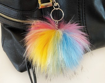 Faux Fur Pom Pom Keychains in Vibrant Colors for Bags and Luggage, Large size Vegan Fake Fur Purse Charm, Diaper bag decoration, large 5"