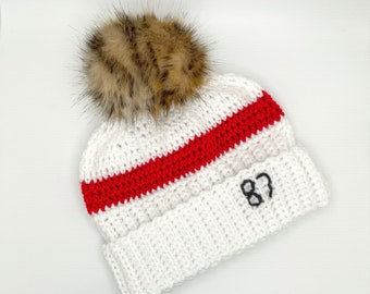Crochet Beanie Hat || Red and White Football inspired || Leopard Faux Fur PomPom || Unisex style || Trending
