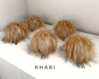 Beige Brown Faux fur Pompom || Super Luxury KHAKI PomPom || handmade vegan Fluffy Poms available on cords or snaps in 2 sizes || removable