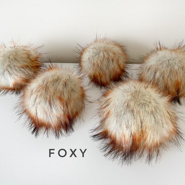 Pompon en fausse fourrure || Pompon FOXY super luxe || pompon végétalien fait main disponible sur cordons ou boutons-pression en 2 tailles || gris crème avec pointes ambrées