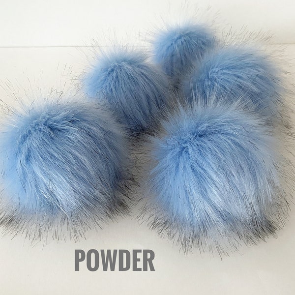 Faux fur Pompom || Super Luxury POWDER Pom || Light Blue with Black Tips || 2 sizes || handmade vegan || removable pompoms on snaps or cords