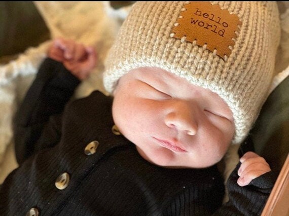 Newborn Baby Hat HELLO WORLD Patch on 