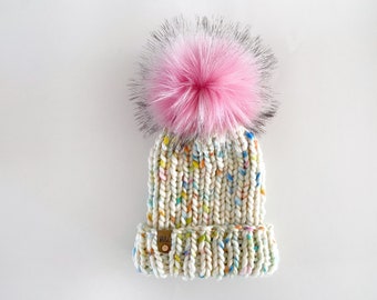 Chunky Knit Teen/Adult Merino wool Hat || 100% Merino Wool, soft || Classic Beanie Style fit || Faux Fur PomPom ||  Pink, white, Blue