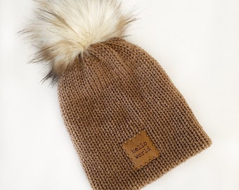 Knit Toddler Hat || HELLO WORLD || soft acrylic yarn || Classic Beanie Style fit || Faux Fur PomPom || Vanilla Pompom on snap