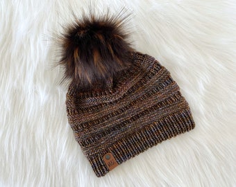 Knit Adult Hat || merino wool, soft || Unisex Classic Beanie fit || Faux Fur PomPom || brown neutral || lightweight warm || unisex style