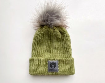 Baby beanie hat with Baby Bear Patch and Faux Fur PomPom || double layered || toddler 1-3 yrs size || green and grey || Christmas Gift