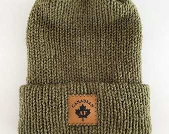 Unisex beanie hat with Canadian AF Patch || double layered and folded brim || Adult size || green || unisex fashion || Christmas Gift