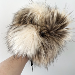 Brown Cream Faux Fur Pompom, Luxury STORMY Faux fur PomPom, handmade vegan pom Pom, large Pompom on snap or cord, 3 sizes,  removable