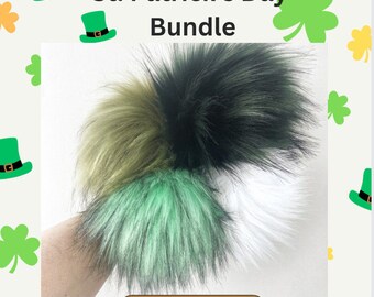 Faux fur Pompom St. Patricks Day Bundle || handmade vegan Fluffy hat toppers || Greens and White on cords or snaps in 2 sizes