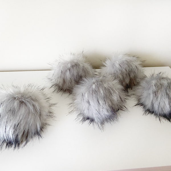 Grey Faux Fur Pompom || Luxury SILVER FOX Pom || vegan Poms available on snap or cord in 3 sizes || knit hat topper || craft supplies