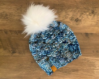 Hand Dyed Knit Teen/Adult Merino wool Hat || 100% Merino Wool, soft || Fitted Beanie style || Faux Fur PomPom || Blues & Browns || white pom