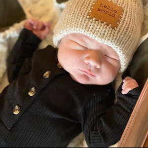 Newborn beanie hat, HELLO WORLD patch, double layered, grey, cream, baby hat, baby  shower, gift, birthday, gender neutral baby gift