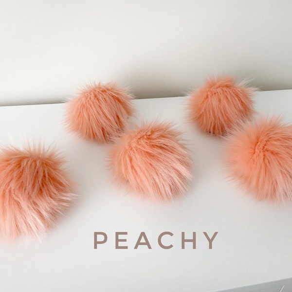 Faux Fur Pompom || Luxury PEACHY PomPom ||handmade vegan Pom Pom available on cords or snaps in 3 sizes ||  removable pompoms || supplies