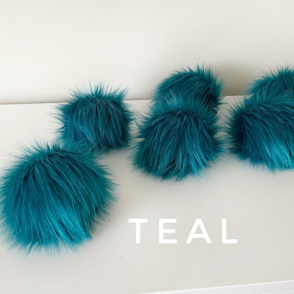 Teal Faux Fur Pom pom || Luxury TEAL PomPom || handmade vegan PomPom available on cords or snaps in 3 sizes ||craft supplies