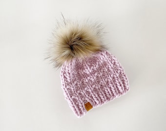 Chunky Knit Baby 6-12 months Merino wool Hat || 100% Merino Wool, soft || Classic Beanie Style fit || Faux Fur PomPom || Pink with Brown Pom