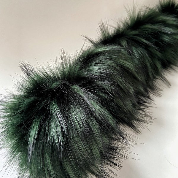 Green Faux fur Pompom || Super Luxe IVY PomPom ||  handmade vegan Fluffy Pom Pom || Green with Black tips on cords or snaps in 2 sizes