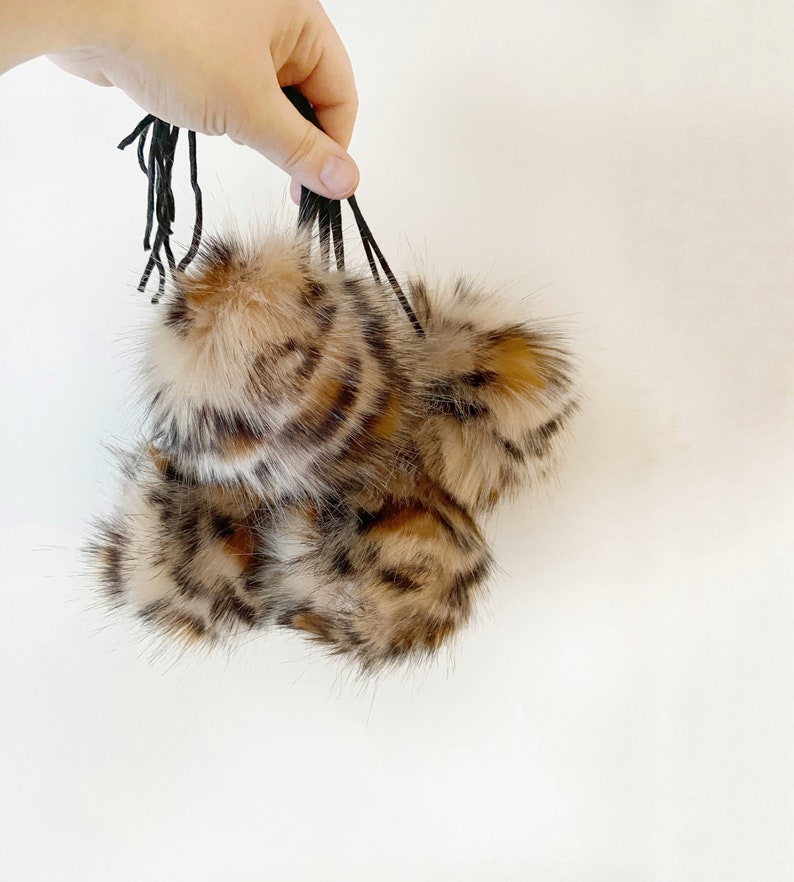 Animal Print Faux Fur Pompom Luxury LEOPARD Pom large fluffy pom 3 sizes on cords or snaps large pompom vegan craft supplies image 1