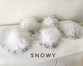 White Faux fur Pompom || Super Luxury SNOWY Pom Pom || handmade Vegan pompom available on cords or snaps in 2 sizes || white with black tips