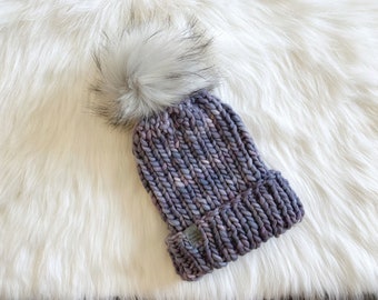 Chunky Knit Teen/Adult Merino wool Hat || 100% Merino Wool, soft || Classic Beanie Style fit || Faux Fur PomPom ||  Pink, Brown, Blue