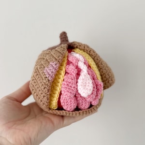 May include: A crocheted anatomical model of a vulva, held in a hand. The model features a brown exterior, with pink, yellow, and white interior details. The crochet work is detailed, and the model is designed to be educational.