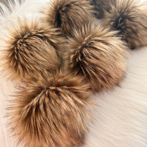 Brown Faux Fur Pom pom, Luxury GOLDEN WOLF PomPom, handmade accessory, vegan pompom, large Poms on snap or cord, 3 sizes, craft supply
