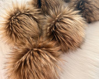 Brown Faux Fur Pom pom, Luxury GOLDEN WOLF PomPom, handmade accessory, vegan pompom, large Poms on snap or cord, 3 sizes, craft supply