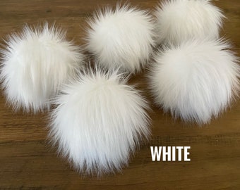 White Faux Fur Pom pom, Luxury WHITE PomPom, handmade accessory, vegan pompom, large Poms on snap or cord, 3 sizes, craft supply