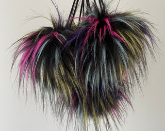 Black Faux Fur Pompom || Luxury PARTY Faux fur PomPom || handmade vegan pompom available on cords or snaps in 3 sizes || removable Pompom