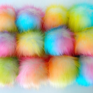 Rainbow Faux Fur Pom pom || Luxury ELECTRIC RAINBOW Poms || handmade vegan PomPom on Snap or Cords in 3 sizes || White base fake fur