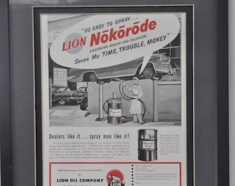 Anuncios antiguos enmarcados de revistas Lion Oil de los años 50. 17" x 15" o 13" x 15 1/2".