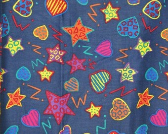 3 Yards Cotton Fabric Navy Purple Blue Stars Hearts Mod Colorful