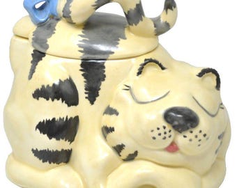 Vtg CAT Black & White Ceramic Cookie Jar Lid Signed Hand Made Painted 7.5" H