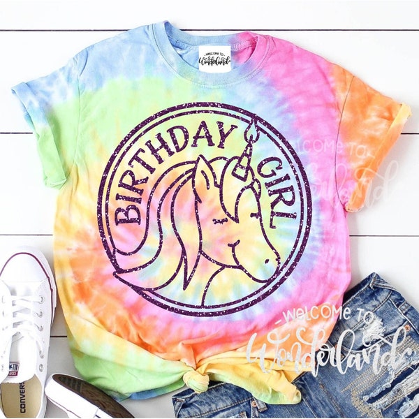 Birthday Girl Unicorn Party Custom Age Color Glitter Crop Top Tie Dye  t shirt or boxy cropped tee Kids Girls Girl Teen Tween Adult Ladies