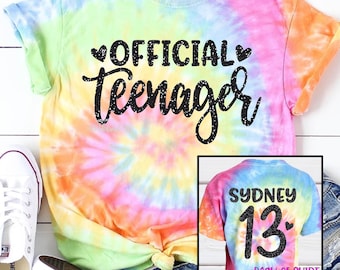 Official Teenager Shirt. Birthday Girl 13. Thirteenth Birthday Girl Shirt. 13th TieDye tshirt. Custom Name Age back. Teen Boxy Crop Top.