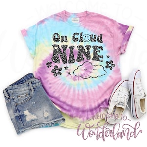On Cloud NINE! 9th Birthday Girl Shirt. Personalized 9 Name Birthday Girl Shirt. Tie Dye. 9th Birthday Girls Retro Smile Flower tee or crop