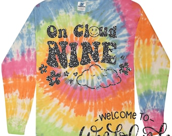 LONGSLEEVE On Cloud NINE! 9th Birthday Girl Shirt. Personalized 9 Name Birthday Girl Shirt. Tie Dye. 9th Birthday Girls Retro long sleeve