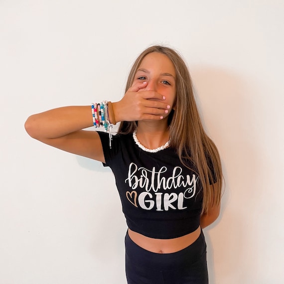 Birthday Girl Shirt. Cropped Girl Shirt. Girls Crop Top Birthday Shirt.  Womens Crop Tee. Black Gold White Crop Top 