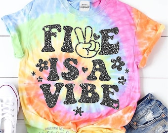 FIVE is a Vibe . 5th Birthday Girl Shirt. Personalized 5 Name Birthday Girl Shirt. Tie Dye. 5th Birthday Girls Retro Peace Flower five tee