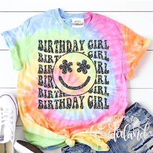 Happy Face Birthday Girl Shirt. Wavy Retro Birthday Girl Smile. Personalized Name Birthday Girl Shirt.  Tie Dye. Rainbow Purple Crop Top