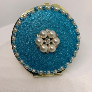 Compact Mirror Blue pearl glitter Gold tone