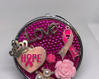 Bling Embellished Compact Mirror Breast Cancer Awareness Hope Love Heart Ribbon Faux Pearl Resin Flower Charm