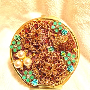 Compact Mirror Gold tone Brown Quartz Turquoise Rhinestone Piece Jewelry Embellishment