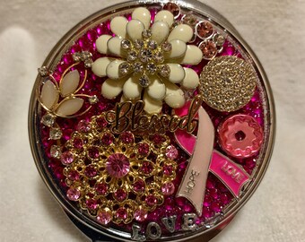 Bling Cosmetic Purse Compact Mirror  Breast Cancer Awareness Blessed Love Rhinestone Pendant