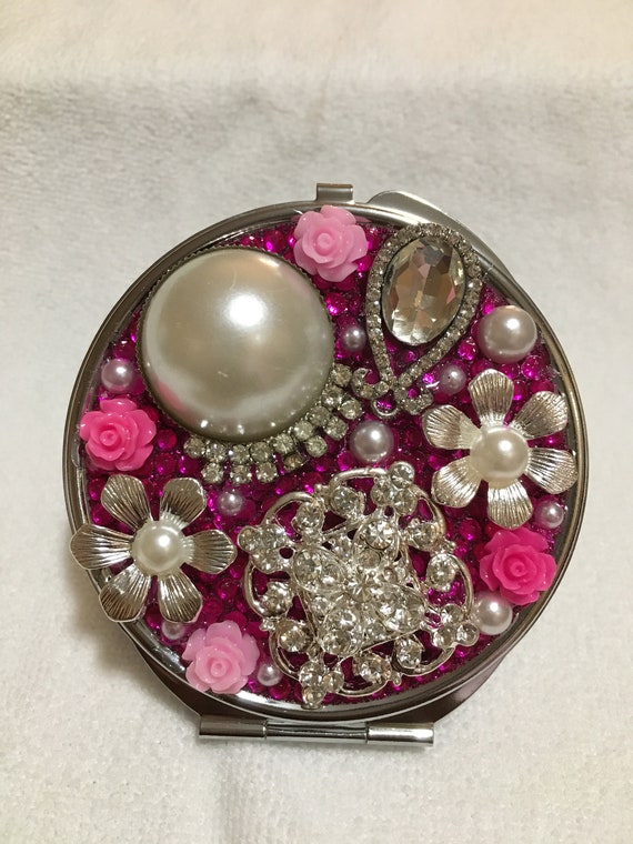Bling Cosmetic Purse Compact Mirror Rhinestone Pink Blue