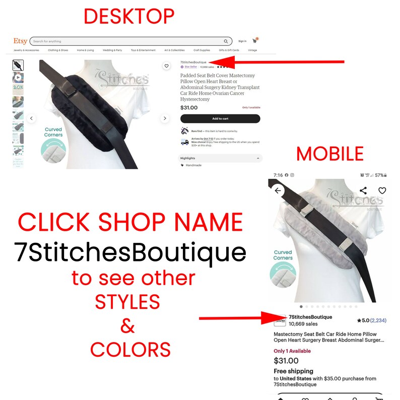 May include: A black and gray padded seat belt cover with curved corners, designed for mastectomy, open heart, and abdominal surgery recovery. The Etsy listing shows the product on a white shirt.