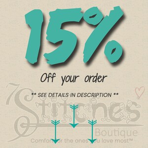 May include: A teal-colored "15%" graphic with the text "Off your order" on a light beige background. The image also includes the text "SEE DETAILS IN DESCRIPTION" and the word "Boutique".