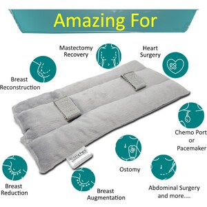 May include: A gray, rectangular pillow with two gray straps, labeled "Stitches." The image includes the text "Amazing For" and illustrations for various medical procedures, including breast reconstruction and heart surgery.